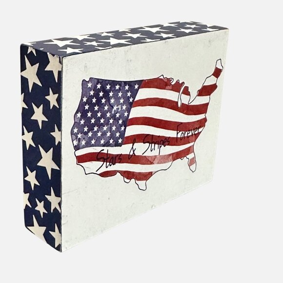 Patriotic Wooden Block Sign 4in USA Map Stars Stripes Shelf Decor Americana USA - Picture 12 of 16